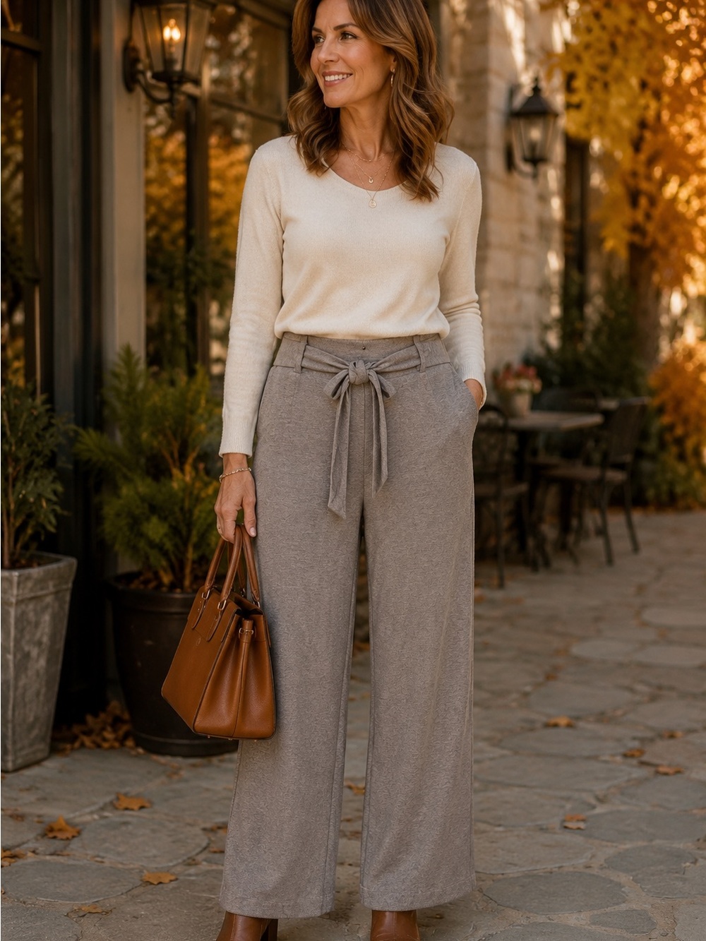 Taupe Wide Leg Knit Pants Tie Waist Fold Over Waistband Lounge Quiet Luxury